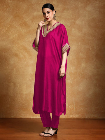 Varanga Women-Zari Embroidered Lace Neck Flared Kaftan With Trouser